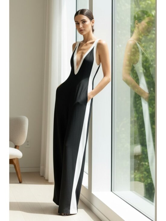 Pants - Contrasting Deep V-Neck Wide Leg Pants Sleeveless One-Piece Zipper Back Jumpsuit